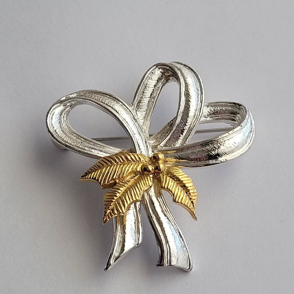 Holiday Christmas Ribbon Bow Silver-Tone with Gold-Tone Leaf Brooch Pin